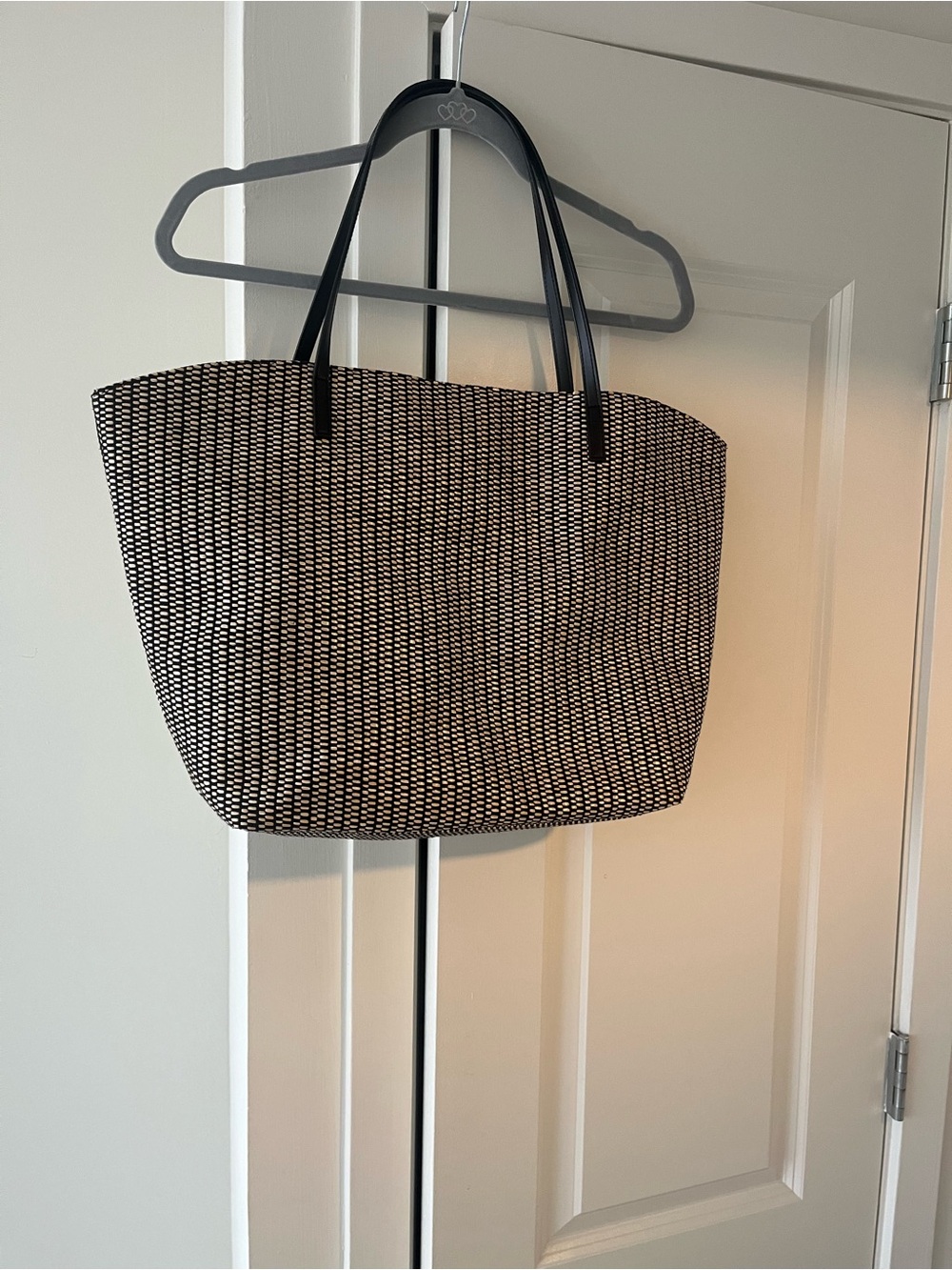 Black and White Woven Tote Bag with Black Handles Neiman Marcus